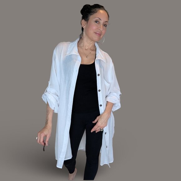 Mynah White Gauzy Button Front Swim Coverup - 2X - Suitable for all sizes below - Picture 2 of 9